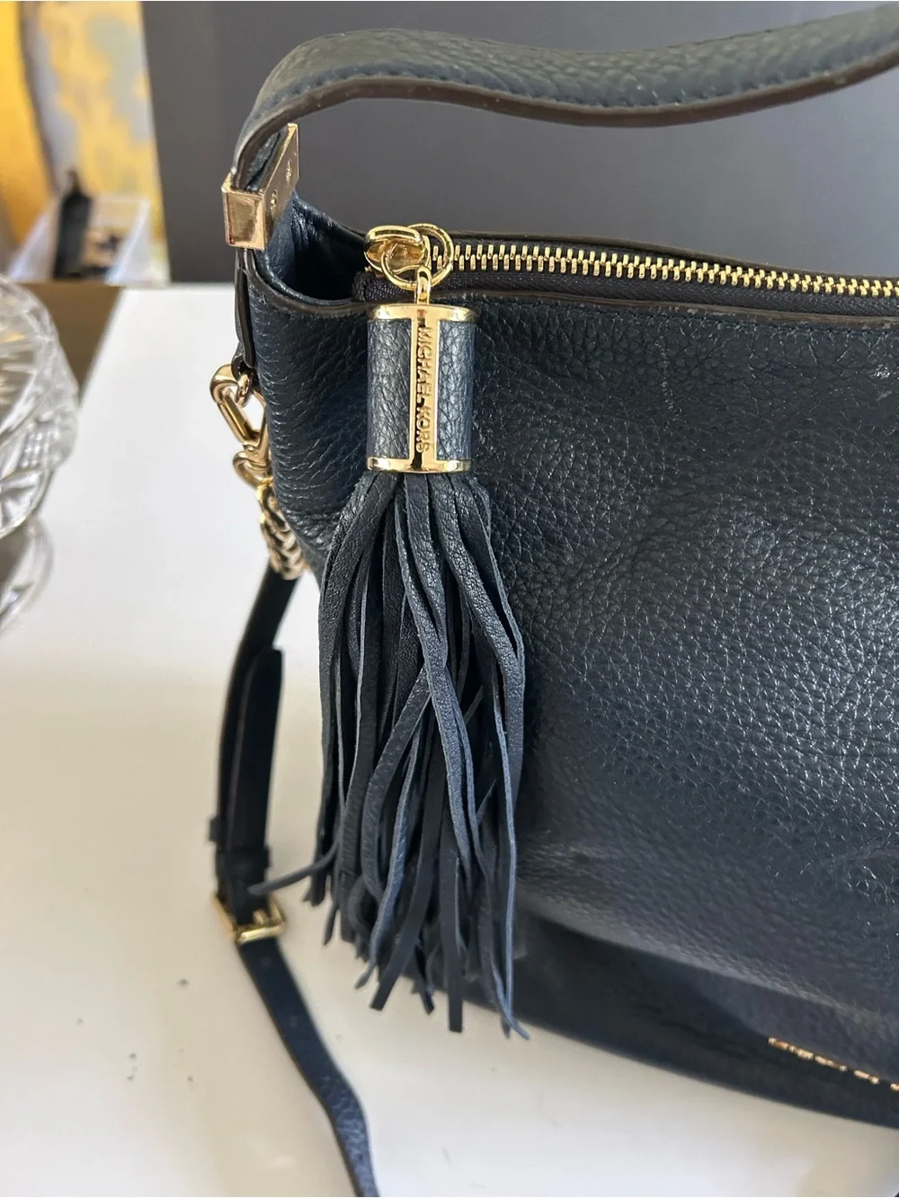 Michael Kors Navy Leather Tassel Shoulder Bag with Gold Hardware